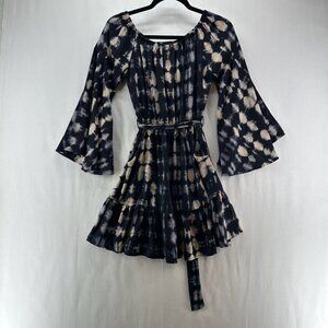 Vici Tyche Dress Womens Sz S Flared Sleeve Waist Tie Pullover Navy Beige Tie Dye